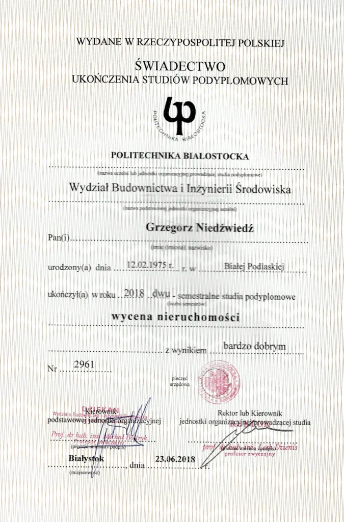 Świadectwo ukończenia studiów podyplomowych - wycena nieruchomości