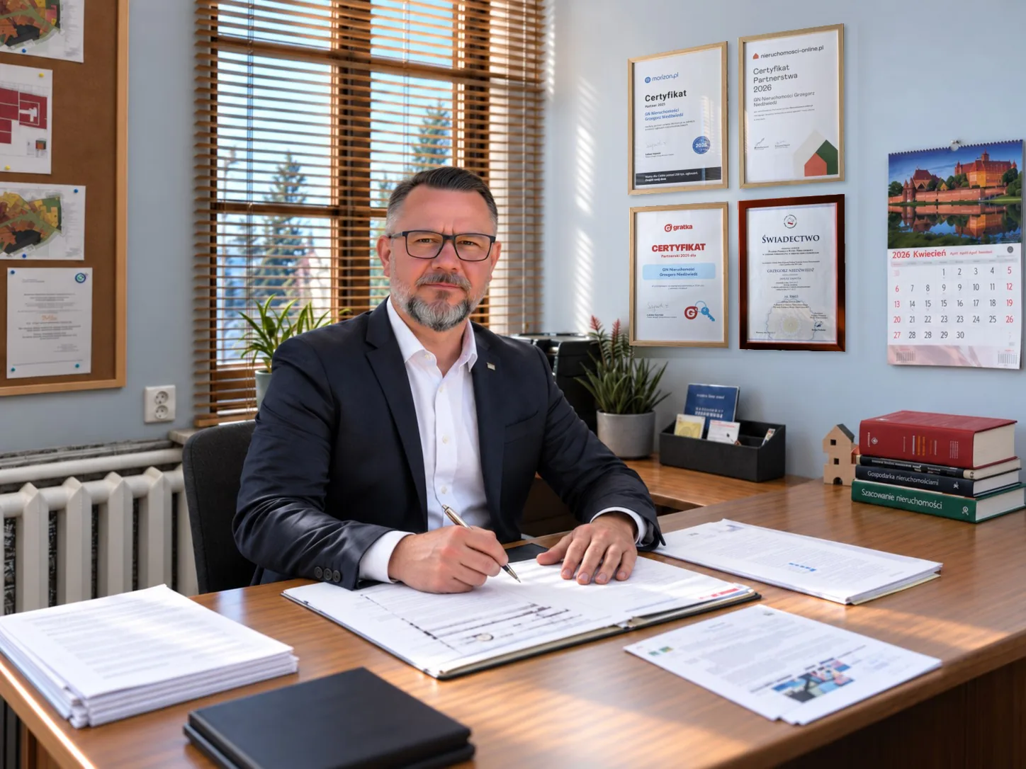 Grzegorz Niedźwiedź przy dokumentach w biurze GN Nieruchomości