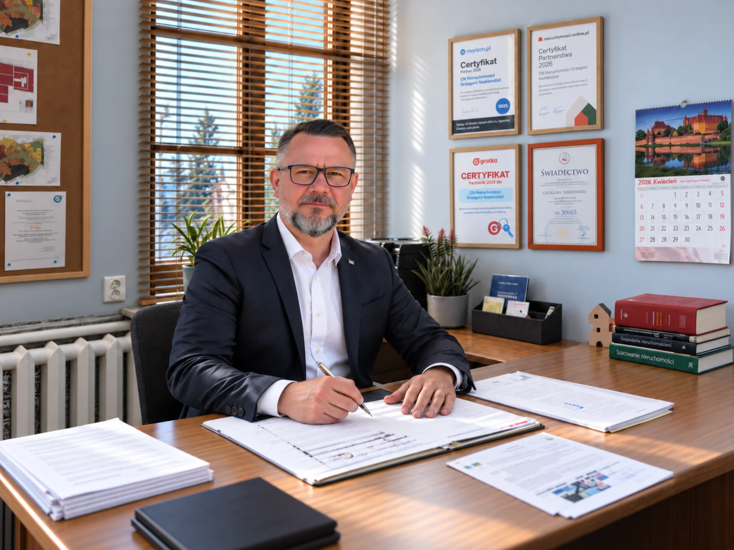 Grzegorz Niedźwiedź przy dokumentach w biurze GN Nieruchomości
