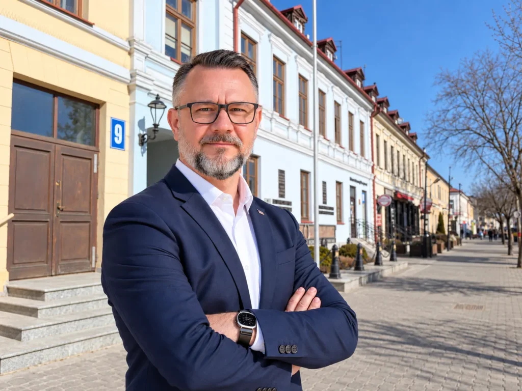 Grzegorz Niedźwiedź – pośrednik nieruchomości przed biurem GN Nieruchomości, Plac Wolności w Białej Podlaskiej